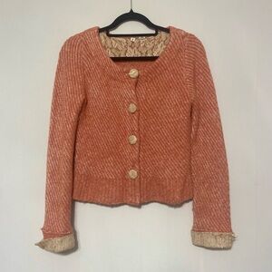 Moth feminine coral colored chunky button lace trim wool blend cardigan size M